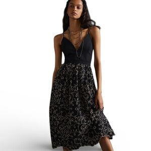 Maeve Anthropologie Strappy Eyelet Midi Flowy Dress Sz M Black Gold Metallic